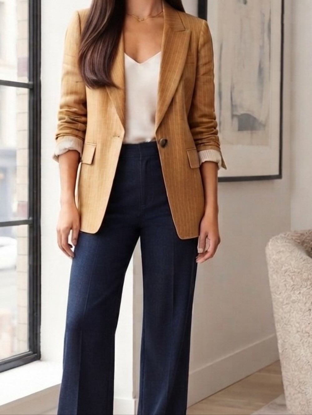 Veronica Beard Mustard-Tan Pinstripe Dickey Jacket Blazer